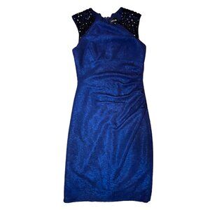 Xscape Navy Black Cocktail Fitted Knee Length Formal Dress SZ 8 Wedding Party